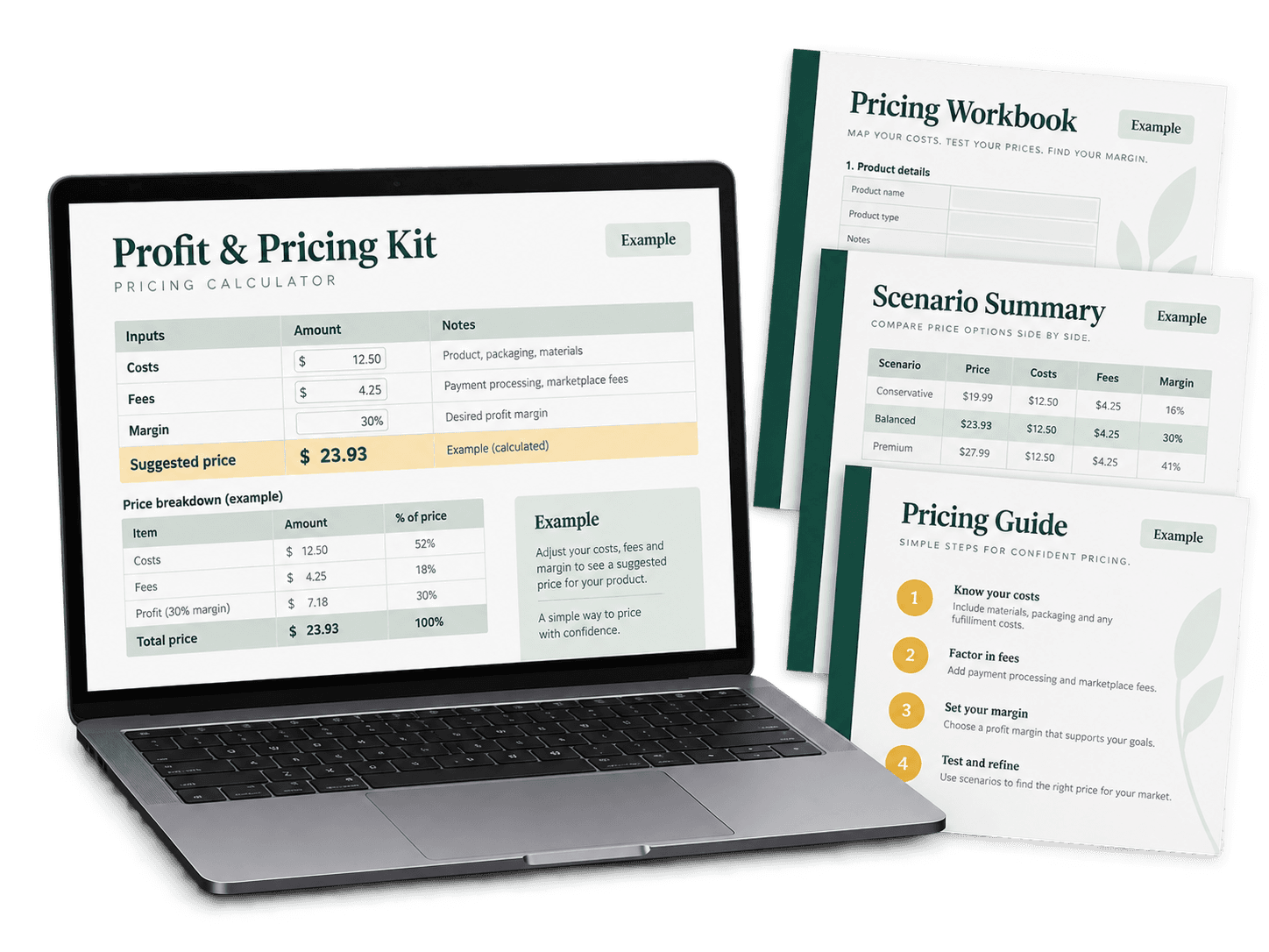Example Profit & Pricing Kit documents and interface